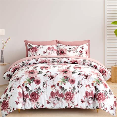 Amazon.com: Floral Comforter Set Queen Size, Pink Flower Comforter 7 ...