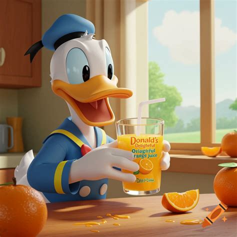 Donald Duck holding a glass of orange juice in a sunny kitchen ...
