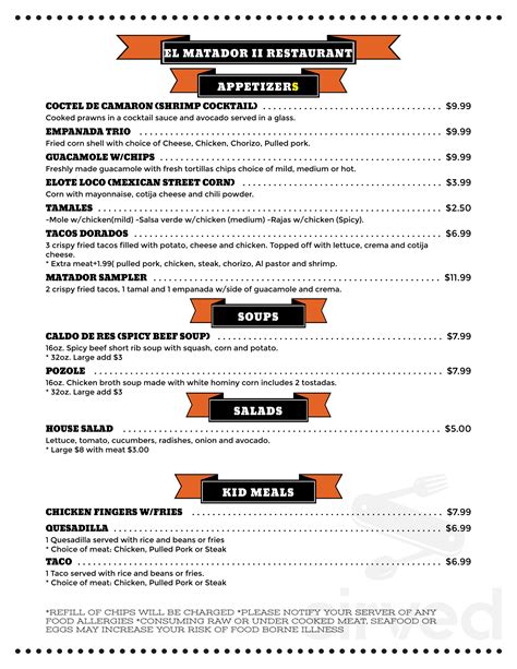 El Matador Mexican Restaurant menu in Bloomfield, New Jersey, USA