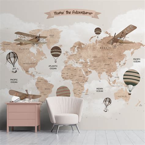 Wandgroße Weltkarte, Beige, Segelflugzeuge und Luftballons ...