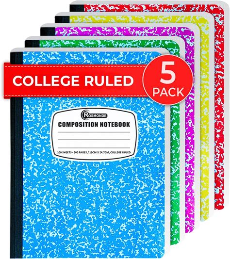 5 Pack Composition Notebooks College Ruled, 200 No Bleed Pages (100 ...
