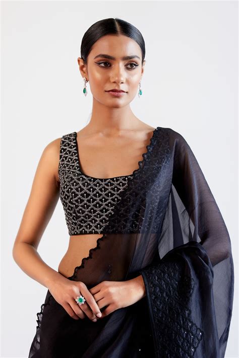 Devnaagri - Black Sequins Embroidered Silk Organza Saree