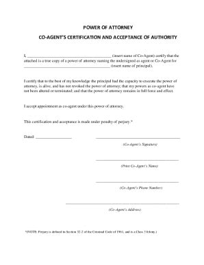 Power of Attorney Co-Agent Certification - Blank Fillable Template ...