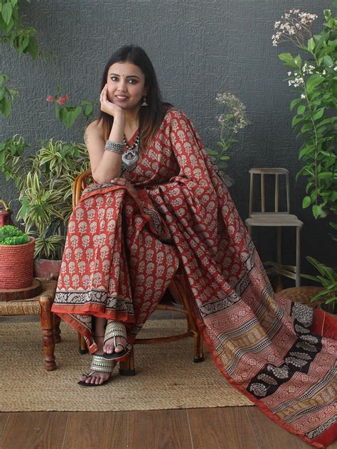 Maroon Bagru Hand Block Printed Chanderi Cotton Silk Saree – Weaves of ...