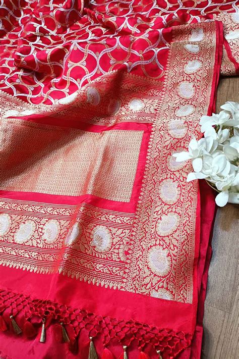 Red Banarasi Silk Saree - Sona Roopa Jaal Work
