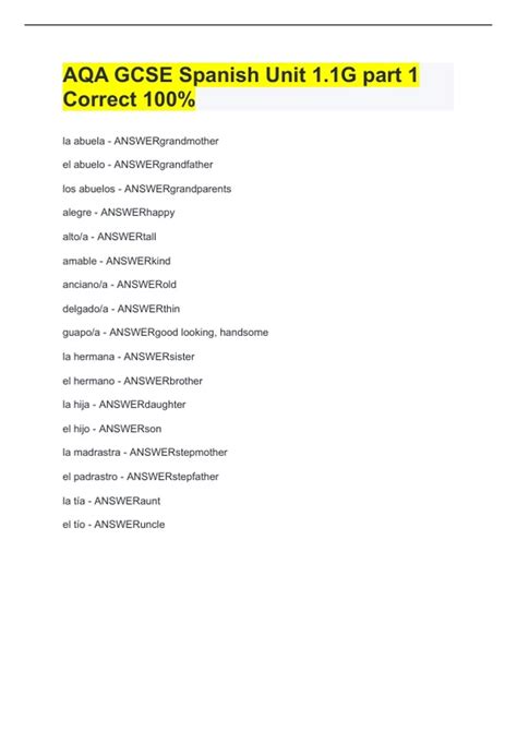 AQA GCSE Spanish Unit 1.1G part 1 Correct 100% - AQA GCSE Spanish Unit ...