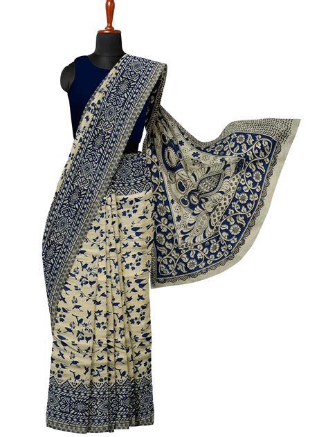 Beige & Blue | Mul Mul Cotton Handmade Pedana Kalamkari Saree – Veshh