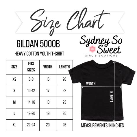 Gildan 5000B Heavy Cotton Youth T-Shirt Size Chart - Sydney So Sweet