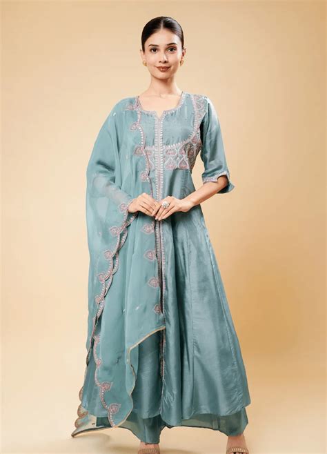 Pantone Anarkali Plazo Set with Unique Dupatta Border – Parevdi Designer