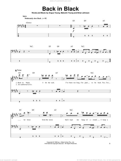 AC/DC - Back In Black sheet music for bass (tablature) (bass guitar)
