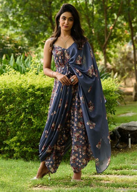 Get Persian Blue Palazzo Jumpsuit With A Detachable Persian Blue Pallu ...