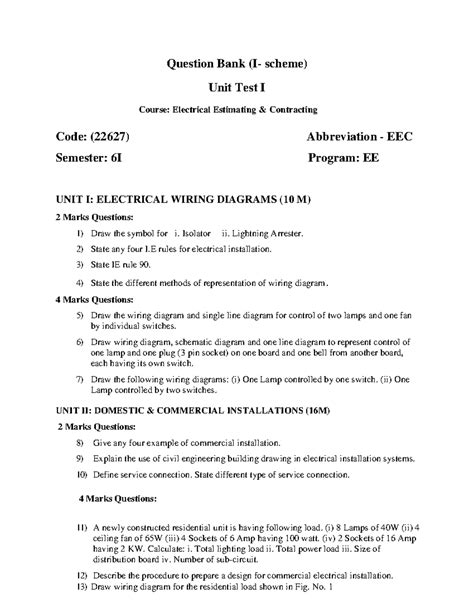 Question Bank EE6I EEC 22627 Unit Test I - Electrical Estimating ...