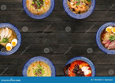 Set of Different Types of Japanese Ramen, Tantanmen, Shio Ramen Stock ...