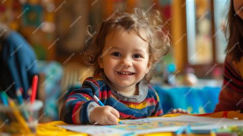 Premium Photo | Little child drawing with pencils in pre school