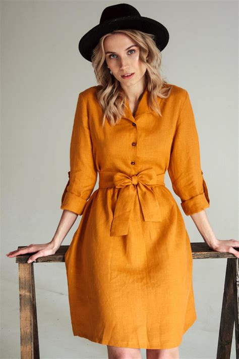 Linen Dress Women, Dress Fall Long Sleeve, Dress for Wedding, Mustard ...
