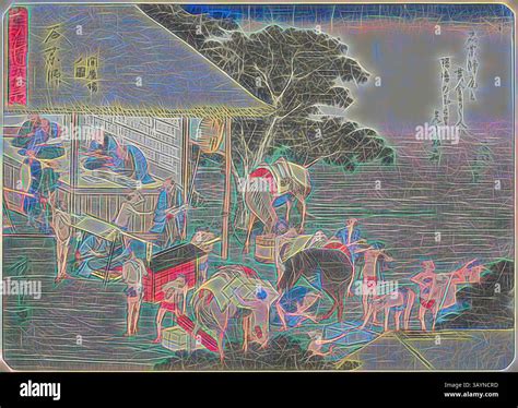 A bustling scene depicting individuals engaged in various tasks around a structure, with horses ...