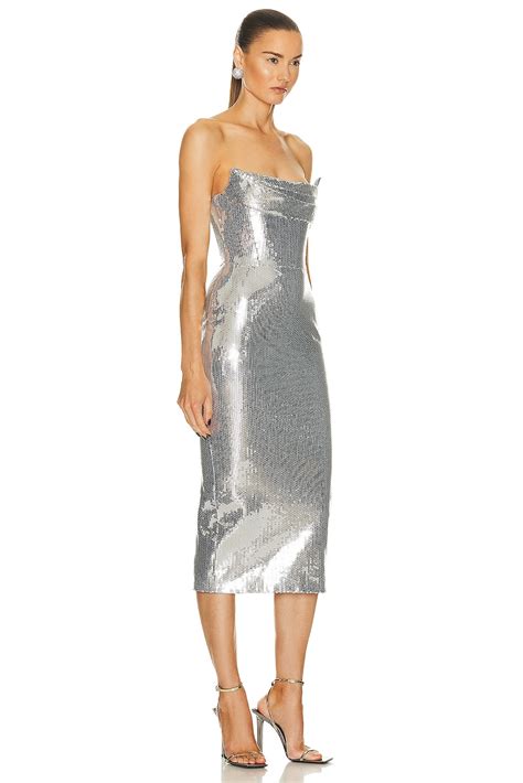 Alex Perry Sequin Curved Strapless Drape Dress in Silver | FWRD