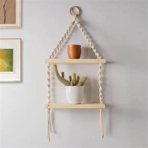 Decazone Macrame Wall Hanging Shelf Pine Wooden Plank Bohemian Style ...