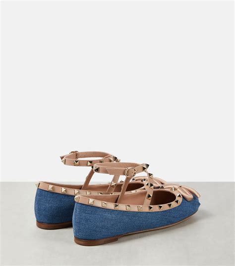 Rockstud leather-trimmed denim ballet flats in blue - Valentino ...