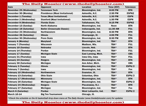 Indiana University Basketball Schedule Printable