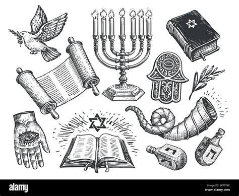 Jewish set sketch. Religion concept vintage vector illustration. Torah ...