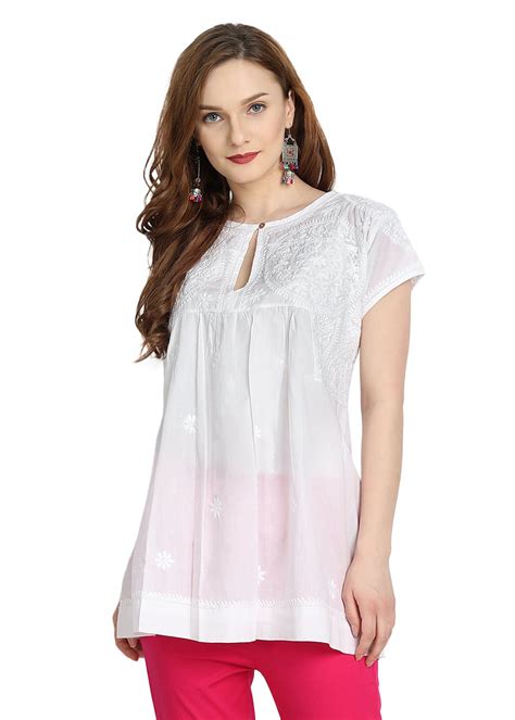 Get Keyhole Neck Detail White Chikankari Tunic at ₹ 1299 | LBB Shop
