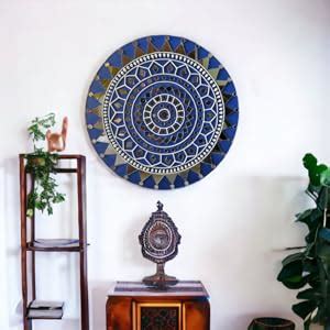 Buy Chitra Artworks Wooden Mirror Wall Art Decor | Round Blue ...