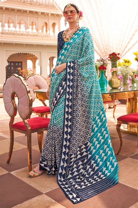 Buy Cool Blue Printed Patola Saree Online - MySilkLove