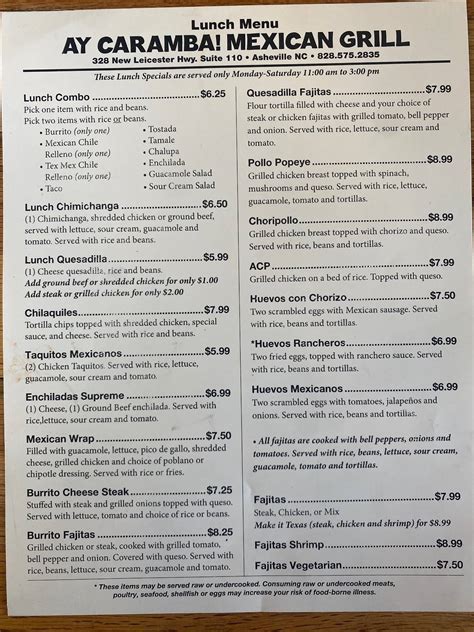 Menu at Ay Caramba Mexican Grill & Bar, Asheville, 328 New Leicester ...