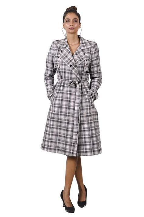 Buy eleanor Tartan Plaid Checks Trench Dress (M, White & Black) at ...