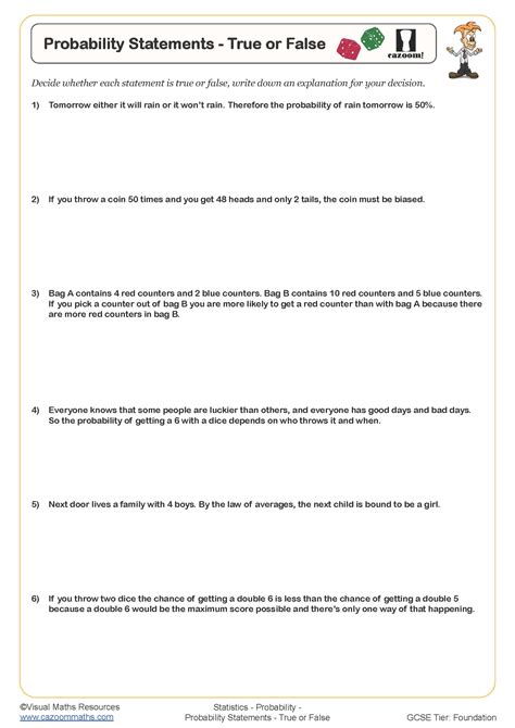 Probability Statements - True or False Worksheet | Cazoom Maths Worksheets
