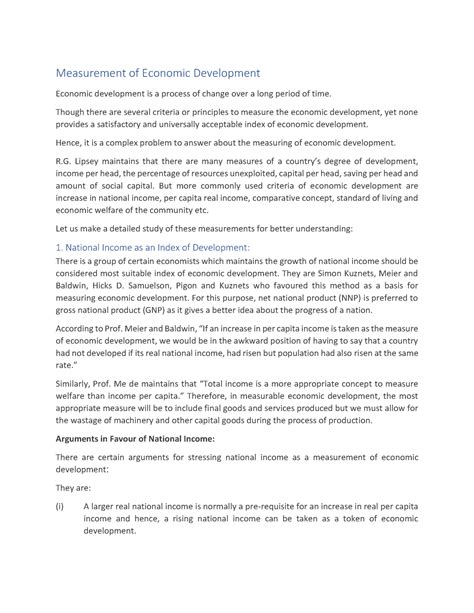 Measurement of Economic Development - Measurement of Economic Development Economic development ...