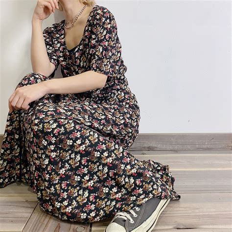 Black rayon flower long dress | LEMON