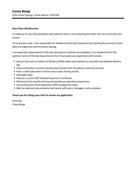 Parts Delivery Driver Cover Letter | Velvet Jobs