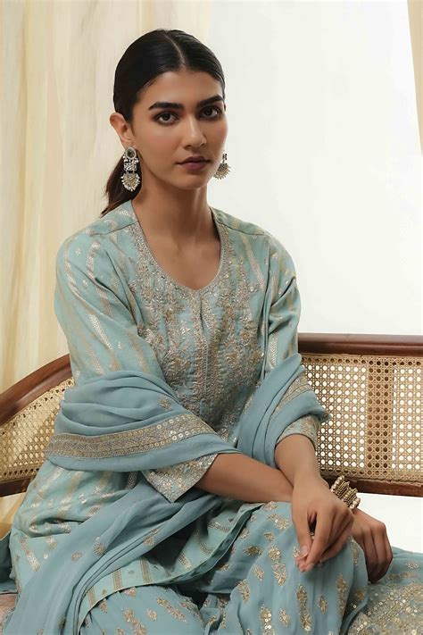 Buy Powder Blue Embroidered Straight Suit Set Online at Biba India