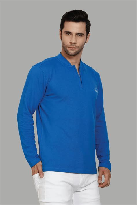 Men's Regular Fit Polo neck Bright Blue T-Shirt with Zip Closer ...