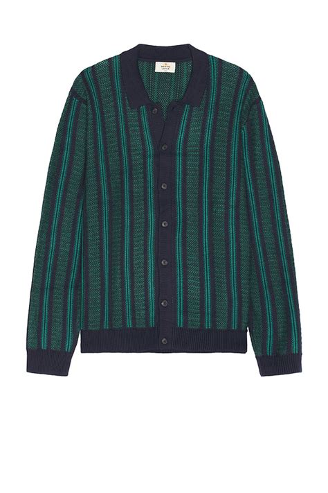 Marine Layer Button Down Sweater in Navy & Green Stripe | REVOLVE