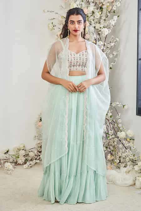 Buy Blue Organza Embroidery Zardosi Sweetheart Neck Scallop Pearl Cape ...