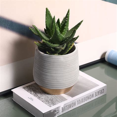 Buy MyGift Gray Cement Modern Indoor Plant Pot with Gold Tone Accented ...