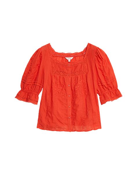 Buy Cotton Rich Square Neck Lace Detail Puff Sleeve Blouse at Marks ...