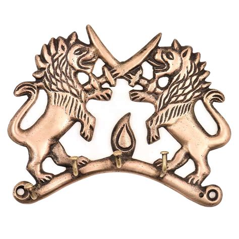Handmade Two Fighting Lion with Swords Wall Hook Brass Key Holder