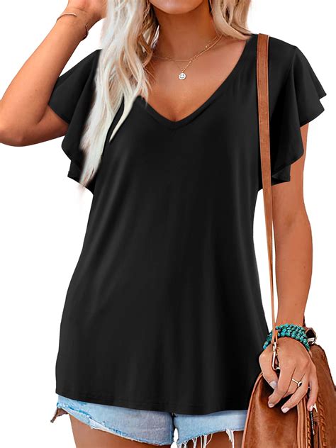 Amoretu Trendy Women's V-neck Top, Ruffle Short Sleeve Tunic Tee Shirt, Summer Clothing, Black ...