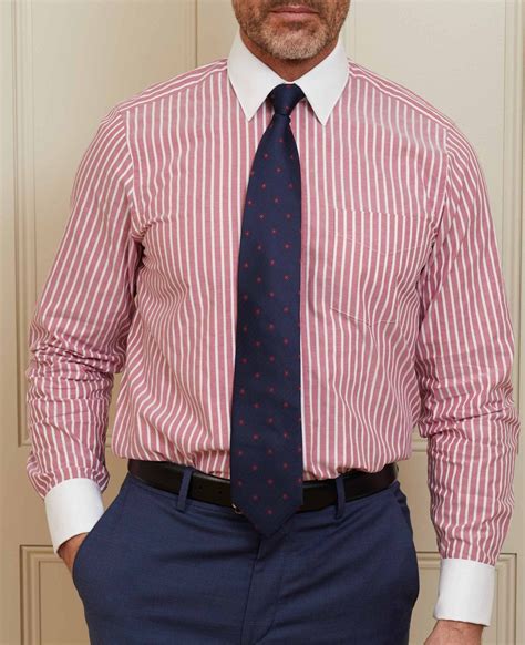 Men's Red White Stripe Classic Fit Winchester Formal Shirt With Double ...