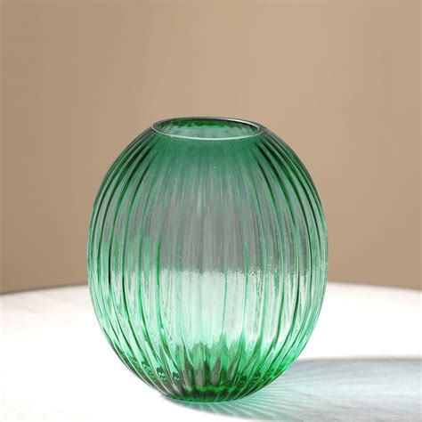 Buy Pure Home + Living Green Ribbed Round Glass Vase Online