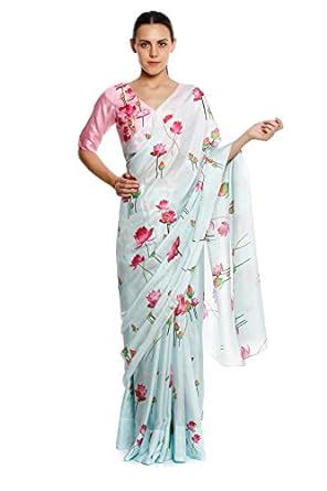 Buy Vanishri Masaba Women's Small Lotus Floral Printed Satin Saree with ...