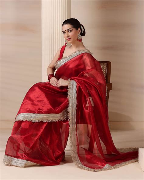 Ravishing Scarlet Radiance Tissue Saree with Luxe Hand Embellished Bor ...