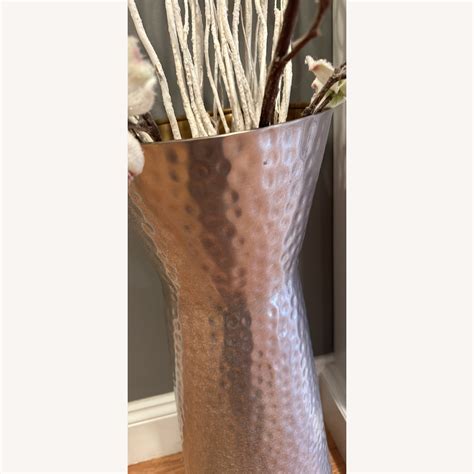 Large Silver Floor Vase & White Flowers - AptDeco
