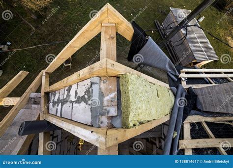 Roof Construction and Insulation with Mineral Wool. Wooden Beams Frame ...