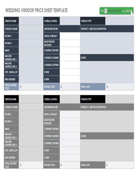 Fillable Online WEDDING VENDOR PRICE SHEET TEMPLATE Smartsheet Fax ...