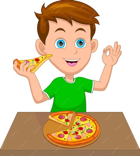 Premium Vector | Little boy eating pizza